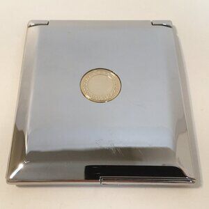 Compact Makeup Mirror Gold Inlay Silver Tone Metal Case Double Sided Folding